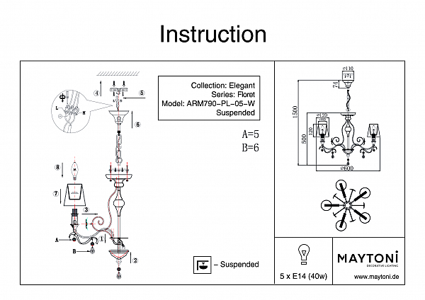 Светильник подвесной Maytoni Floret ARM790-PL-05-W